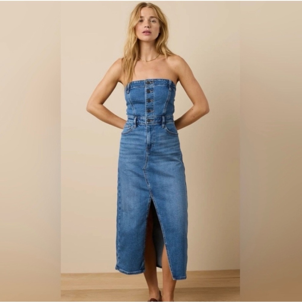 AMERICAN EAGLE OUTFITTERS Denim Strapless Tube Midi Dress Size 14 - Picture 3 of 11